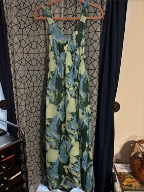 Blue and Green Floral V-Neck Maxi Dress with Smocked Waist